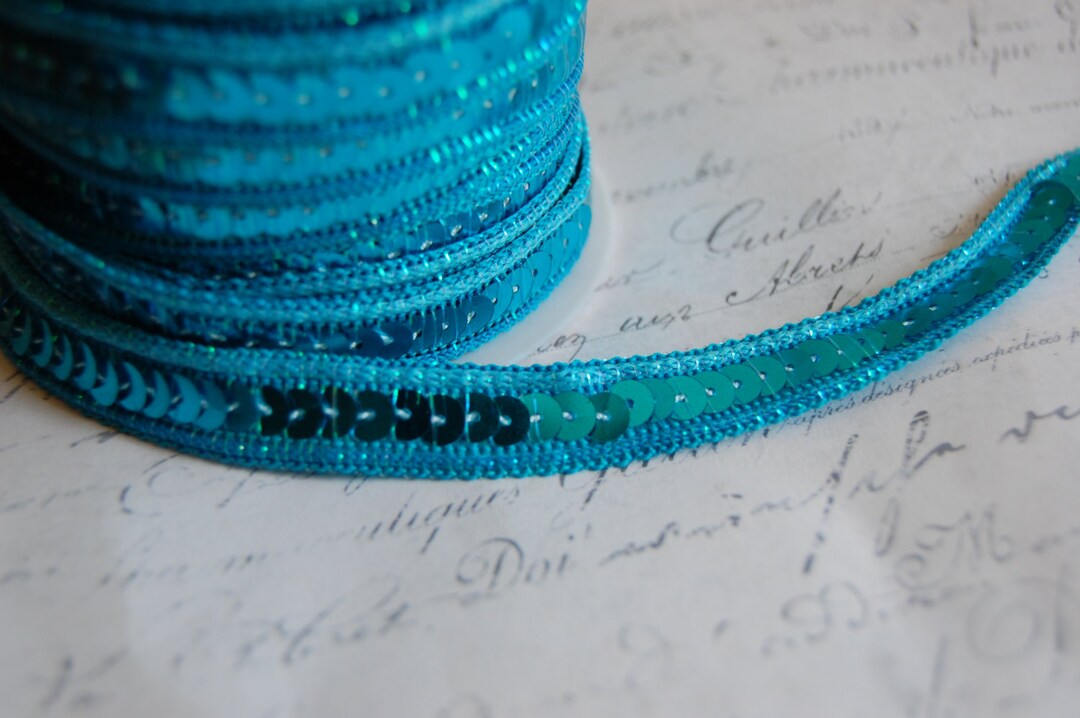 1/2 Wide Turquoise Blue Sequin Ribbon Trim With Metallic Thread Edging ...