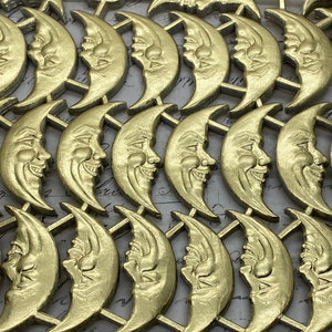 6 Sweet Metallic Gold Vintage Style Dresden Smiling Crescent Moon German Scrap image 2