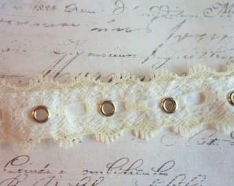 Classic Ivory Scalloped Lace over Velvet  with Silver Metal Eyelets, Approx 1" wide