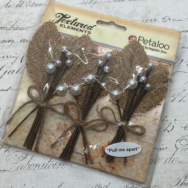 Petaloo Textured Elements Vintage Style Tan Burlap Pearl Flowers Prima