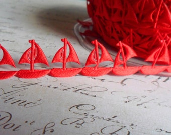 Red Sail Boats Shaped Satin Ribbon Trim, approx 3/4" wide