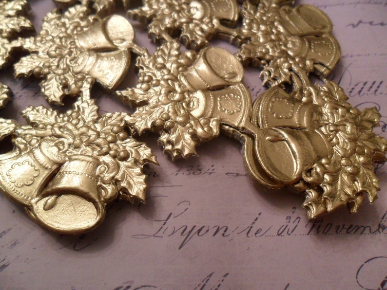 Gold Embossed German Dresden Scrap Christmas Bells approx 2 inches across