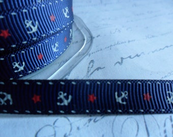 3/8 wide Anchors Away nautical print navy grosgrain ribbon