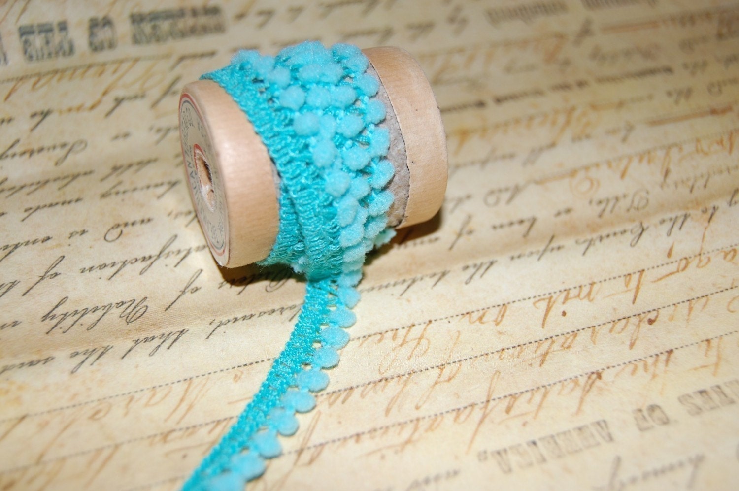 Vintage Style Aqua Petite Pom Pom Trim