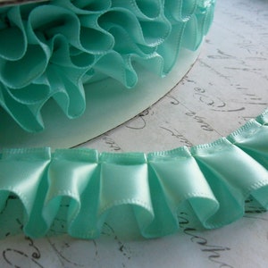 Aqua Satin Box Pleat  Ruffle Trim 7/8 inch