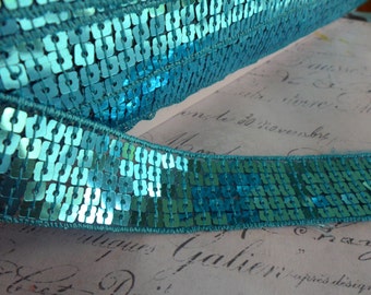 One Inch Wide Aqua Blue Sequin Ribbon Trim