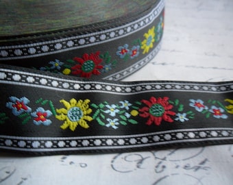 Scandinavian Style Woven Floral Ribbon Black Red Yellow Approx 3/4 inch wide