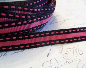 Hot Pink and Black Running Stitch Striped 3/8 wide Grosgrain Ribbon