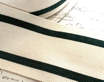 French Style Organic Cotton Natural and Forest Green Stripe Ribbon 1.5 inches wide