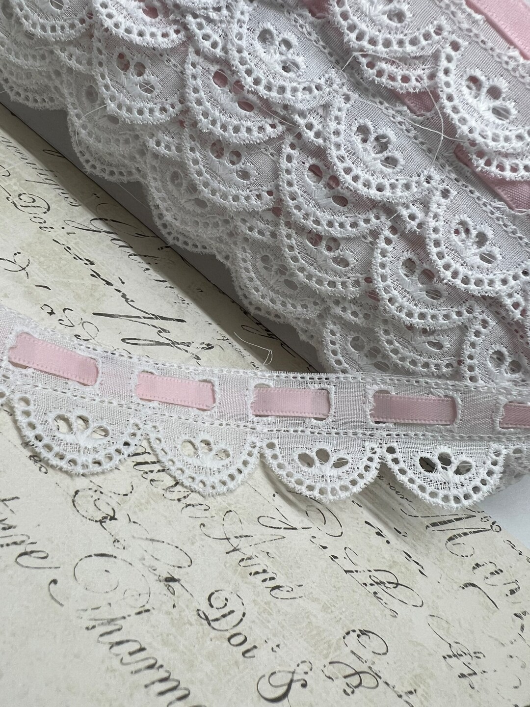 1.25 Inch Embroidered Eyelet Lace With Pink Satin Ribbon Etsy
