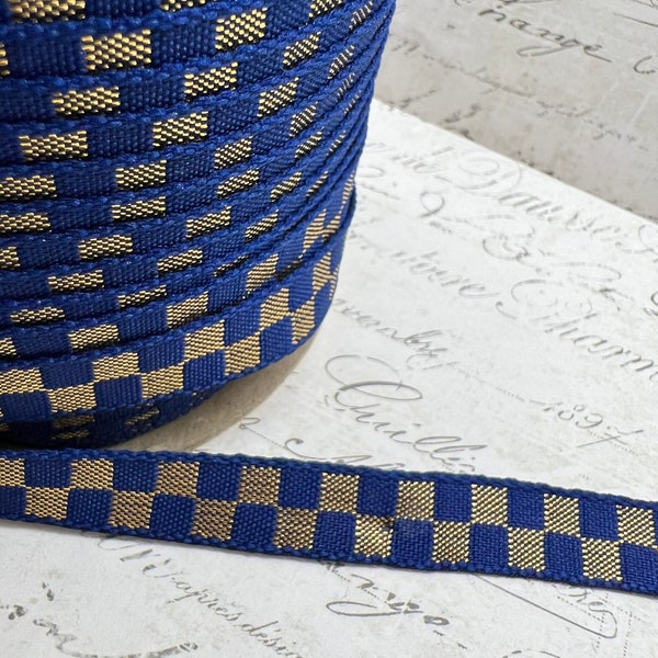 Royal Blue and Gold Woven Checkerboard Ribbon 3/8 wide