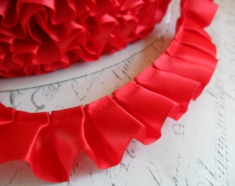 7/8 inch wide Christmas Red Satin Box Pleated Ruffle Trim