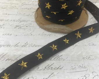 Patriotic Gold Stars on Black  3/8 inch  ribbon