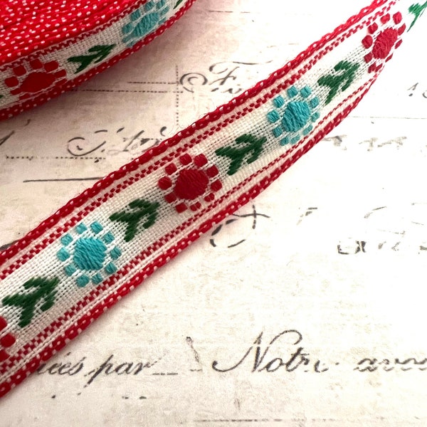 Scandinavian Style Woven Floral Ribbon red turquoise and white 3/8 wide
