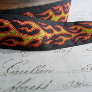 Burn Baby Burn.... Red and Yellow flames on Black Background One Inch Wide woven Ribbon Trim