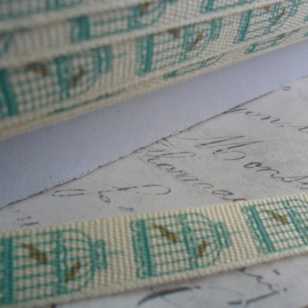 9/16 Cotton Twill Tape Printed with Bird Cages Aqua and Brown