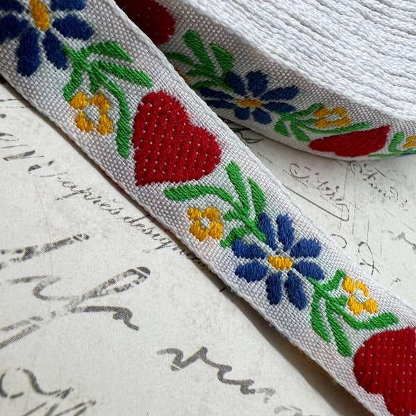 Dutch Chic Embroidered Woven Floral and Heart Ribbon Trim 1/2 wide, vintage style