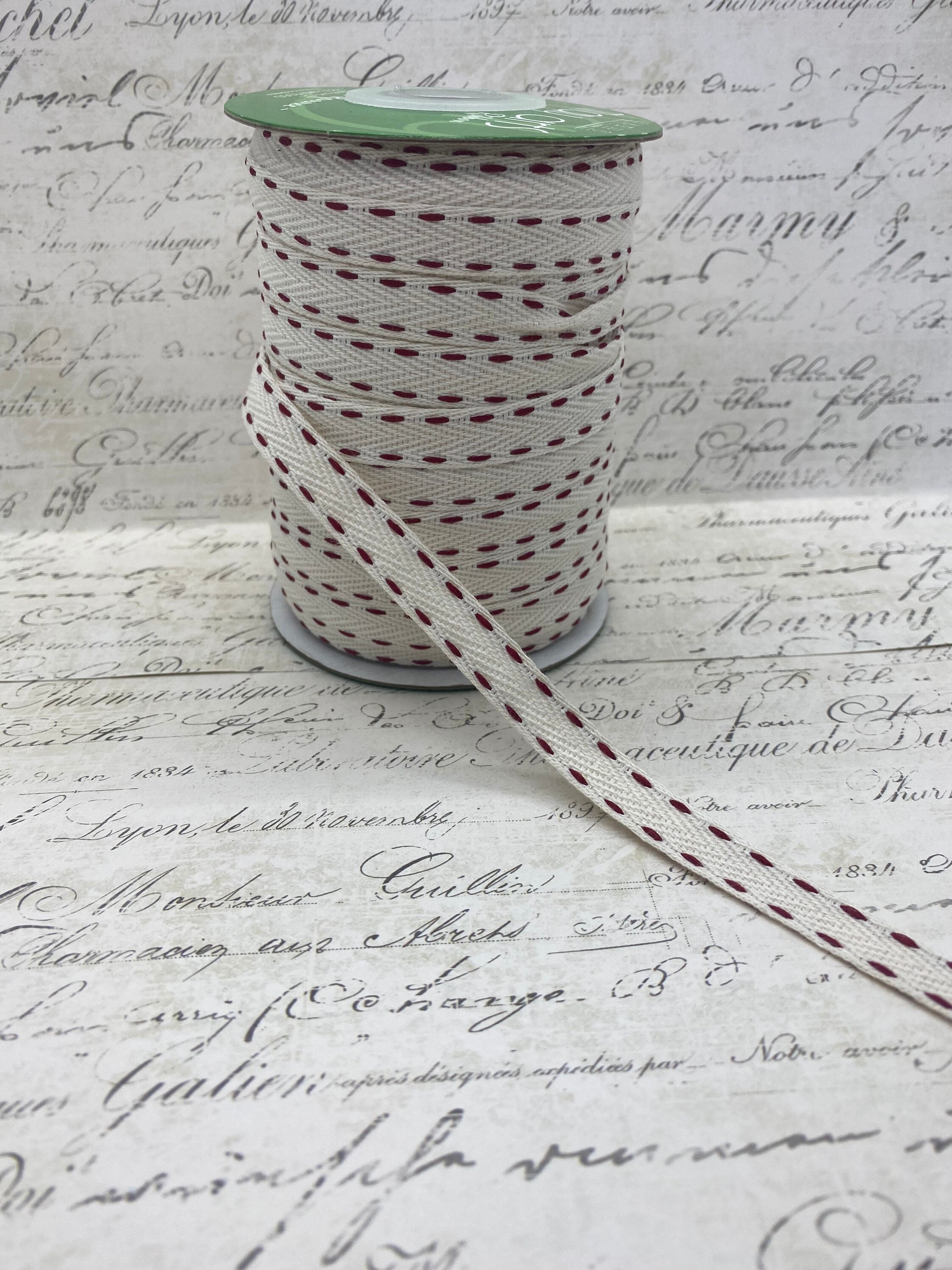 Woven Cotton Ribbon With Red Running Stitch 3/8 Wide Etsy