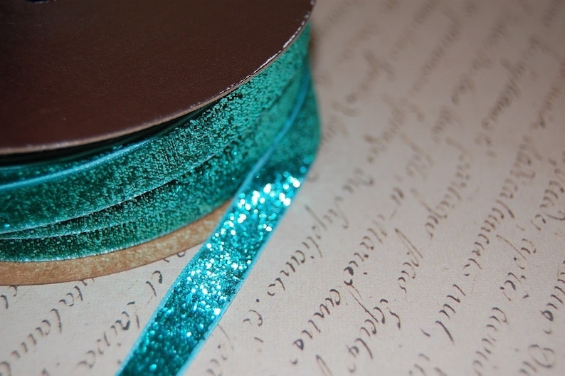 Aqua Metallic Velvet Ribbon 3/8 wide image 1