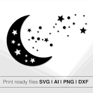Wassende maan met sterrenontwerp | Direct downloaden | Celestial Art-SVG | Maan- en stersilhouet | Nachtelijke hemelvector | Sterrennachtdecoratie