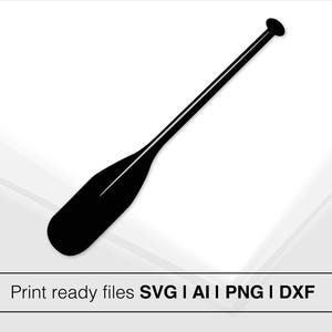 Pode incluir: Silhueta preta de uma pá de canoa com a parte superior arredondada. Arquivos prontos para impressão: SVG, AI, PNG, DXF.