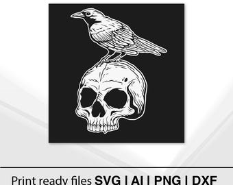 Cuervo gótico sobre calavera / Descarga instantánea / Ilustración monocromática / Arte de cuervo y calavera / Decoración de Halloween / Diseño imprimible