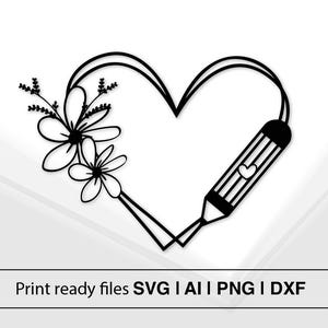 May include: Black and white line art design of a heart with a pencil inside and flowers on the left side. The pencil has a small heart on it.