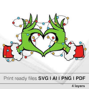 Mão do Grinch com Luzes SVG | Grinchmas SVG | Arquivo de Corte do Grinch | Download Instantâneo | Clipart de Coração de Natal | Enfeite de Natal Cricut