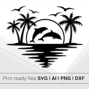 Silhouette tropicale coucher de soleil | Scène de plage avec des dauphins et des palmiers | Téléchargement instantané | SVG PNG DXF | Décoration d'été | Cricut