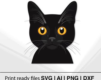 黒猫のイラスト | ミニマリスト猫のデザイン | 覗く猫のクリップアート