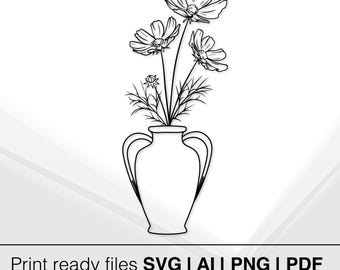 Black And White Flower Vase Illustration | Minimalist Art | Instant Download | Floral Vase Svg File | Home Decor | Flower Clipart