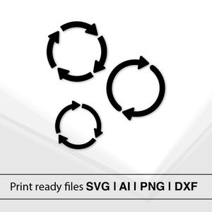 May include: Three black circular arrows pointing in a clockwise direction. The arrows are in different sizes and are arranged in a cluster.