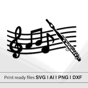 Op de afbeelding: Zwart-witte silhouet van een fluit die op een notenbalk rust met een g-sleutel en noten. Afdrukbare bestanden SVG, AI, PNG, DXF.