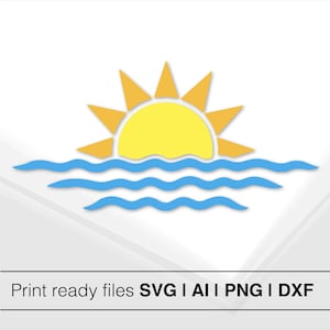 Minimalist Sun And Waves Art | Instant Download | Ocean Waves SVG | Sunset Clipart | Beach Illustration | Print Ready File
