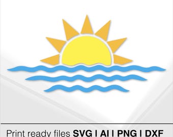 Minimalist Sun And Waves Art | Instant Download | Ocean Waves SVG | Sunset Clipart | Beach Illustration | Print Ready File