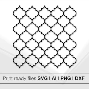 May include: Black and white geometric pattern with a repeating quatrefoil design. This design is perfect for creating a decorative tile pattern.
