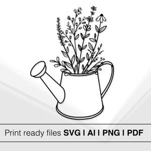 Arrosoir avec des fleurs | Design minimaliste | Dessin au trait noir et blanc | Jardinage SVG | Téléchargement instantané | Décoration florale