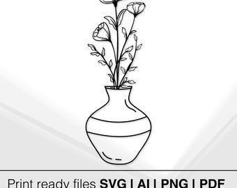 ミニマリストの花瓶のイラスト | 白黒の線画 | 印刷可能な壁アート | モダンな室内装飾 | すぐにダウンロード