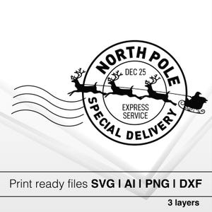 Sello de entrega especial del Polo Norte SVG, correo de Santa Claus SVG, sello de Navidad, querido Santa Claus SVG, postal Svg, bolsa de Santa Claus, etiqueta y carta de Navidad
