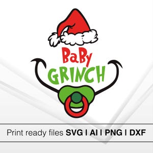 Baby Grinch SVG, schattige kerst clipart, vakantiehumor voor kinderen, Grinch babyfopspeen, gelaagd gesneden bestand, png, AI, pdf, DXF downloaden