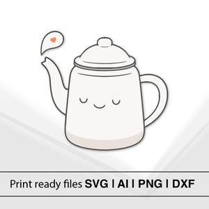 Ilustración de tetera kawaii / Arte de cocina lindo / Tetera de dibujos animados minimalista / Descarga instantánea / SVG AI PnG DXF / Decoración del hogar