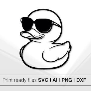 Badeend lijntekeningen SVG | Directe download van PNG AI DxF | Leuk eendontwerp voor sublimatie | Vector eend met zonnebril | Eend met bril