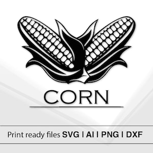 Puede incluir: Silueta en blanco y negro de dos mazorcas de maíz con la palabra "CORN" debajo.