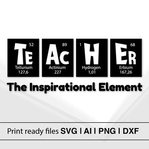 May include: Black and white graphic design with the word "TEACHER" spelled out using the chemical element symbols for Tellurium, Actinium, Hydrogen, and Erbium. The text "The Inspirational Element" is below the word "TEACHER".