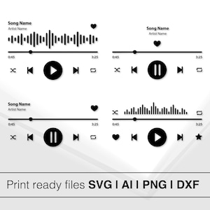May include: Four black and white music player interface designs with various buttons, including play, pause, rewind, fast forward, and shuffle. The designs include a heart, a star, and a progress bar with the time 0:45 and 3:25.