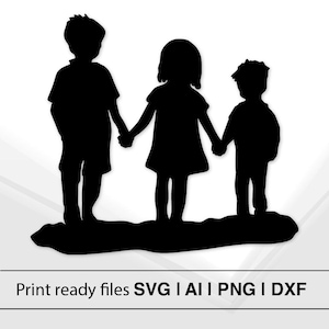 Niños tomados de la mano SVG / Descarga instantánea / Clipart de silueta de niños / Diseño de arte preescolar / Archivo de corte SVG de amigos de niños