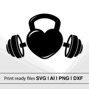 Design de Barra e Kettlebell em Formato de Coração | Download Instantâneo | Fitness SVG | Arte para Amantes de Academia | Clipart de Treino | Arte Vetorial Esportiva