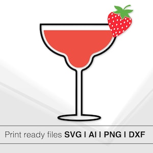 Illustration de verre à cocktail Margarita aux fraises | Téléchargement instantané | Design minimaliste rouge blanc | SVG PNG DxF AI | Décoration de fête _937
