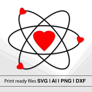 May include: A black and white illustration of an atom with a red heart in the center. There are three smaller red hearts orbiting the center heart.