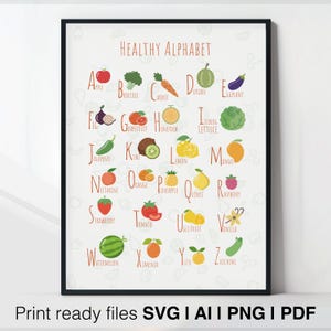 Alphabet SVG Obst und Gemüse editierbares Poster für Kinder | Vorschulkunst Ai, Png | Schuldekor | Klassenzimmer bildungs druckbar